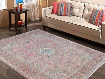 handmade Medallion, Traditional Kashan Pink Brown Hand Knotted RECTANGLE 100% WOOL area rug 8x12